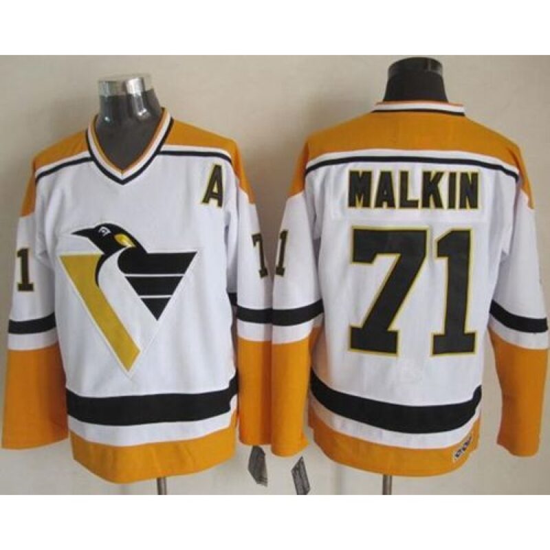 68618ff91d09b_1 Penguins #71 Evgeni Malkin White/Yellow CCM Throwback Stitched NHL Jersey
