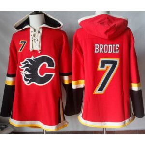 686190aaa8e1c_1 Flames #7 TJ Brodie Red Sawyer Hooded Sweatshirt Stitched NHL Jersey