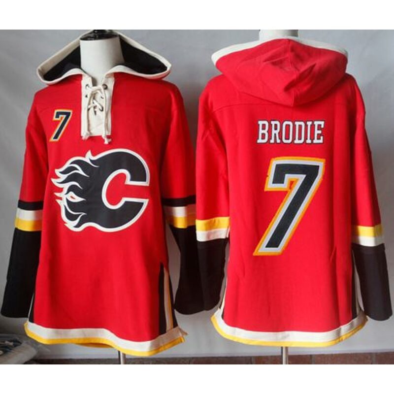 686190aaa8e1c_1 Flames #7 TJ Brodie Red Sawyer Hooded Sweatshirt Stitched NHL Jersey