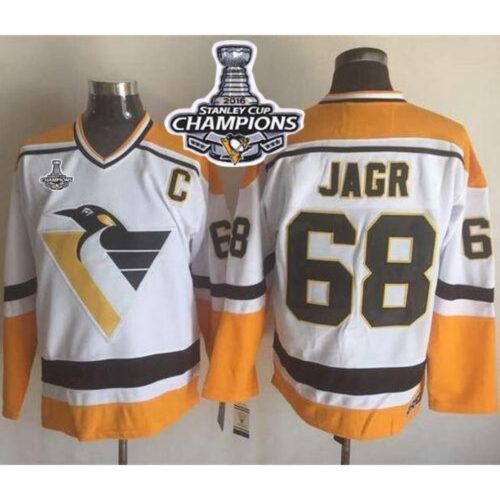68619210a8afe_1 Penguins #68 Jaromir Jagr White/Yellow CCM Throwback 2016 Stanley Cup Champions Stitched NHL Jersey