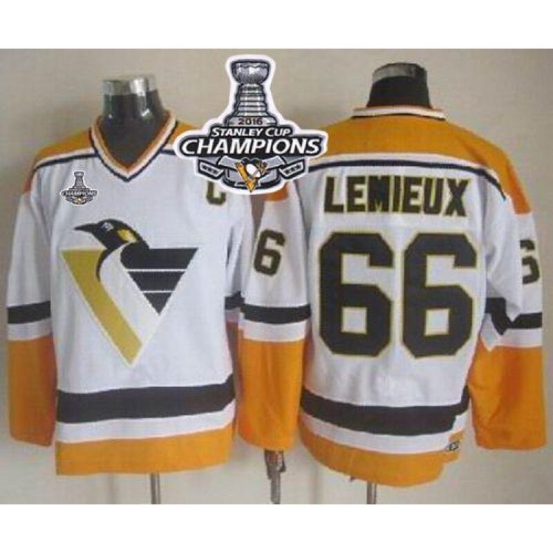 686193023b836_1 Penguins #66 Mario Lemieux White/Yellow CCM Throwback 2016 Stanley Cup Champions Stitched NHL Jersey