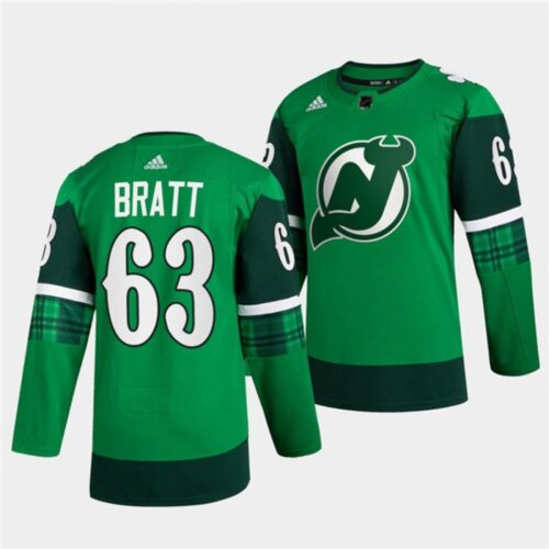 686194475069c_1 Men's New Jersey Devils #63 Jesper Bratt Green Warm-Up St Patricks Day Stitched Jersey