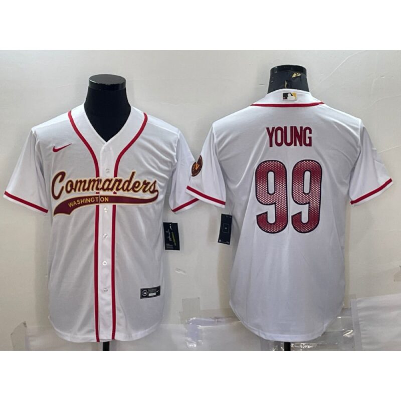 6861949d1f1bf_1 Men's Washington Commanders #99 Chase Young White With Patch Cool Base Stitched Baseball Jersey