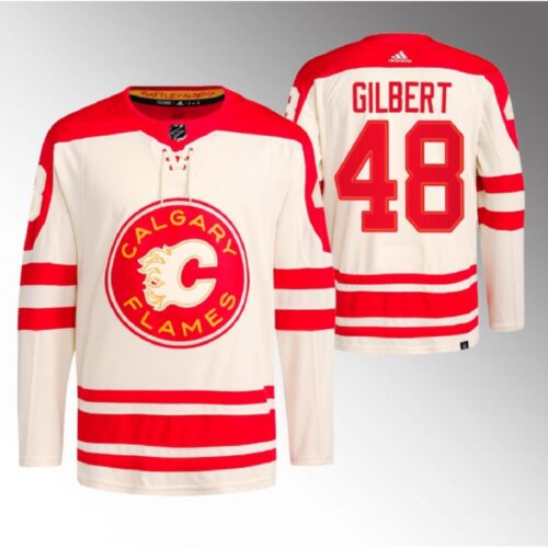6861986695566_1 Men's Calgary Flames #48 Dennis Gilbert 2023 Cream Heritage Classic Primegreen Stitched Jersey