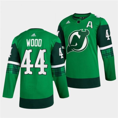 686198f0dfd18_1 Men's New Jersey Devils #44 Miles Wood Green Warm-Up St Patricks Day Stitched Jersey