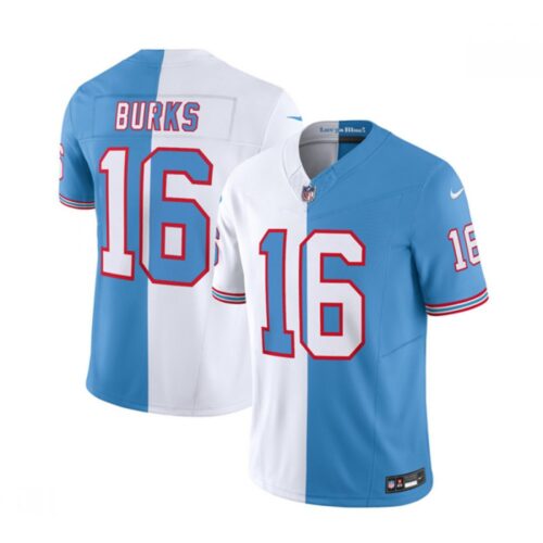 6861990115df6_1 Men's Tennessee Titans #16 Treylon Burks White/Blue 2023 F.U.S.E. Split Vapor Limited Throwback Stitched Football Jersey