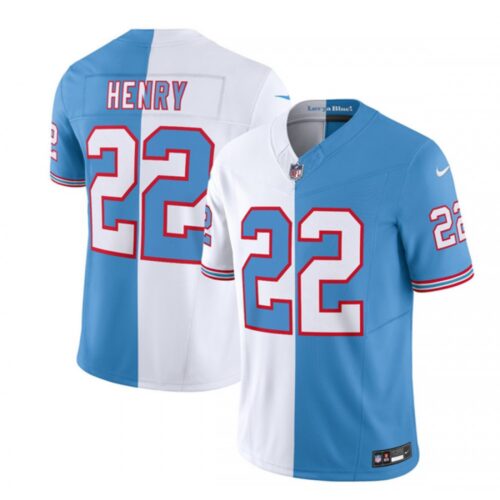 6861990992c00_1 Men's Tennessee Titans #22 Derrick Henry White/Blue 2023 F.U.S.E. Split Vapor Limited Throwback Stitched Football Jersey