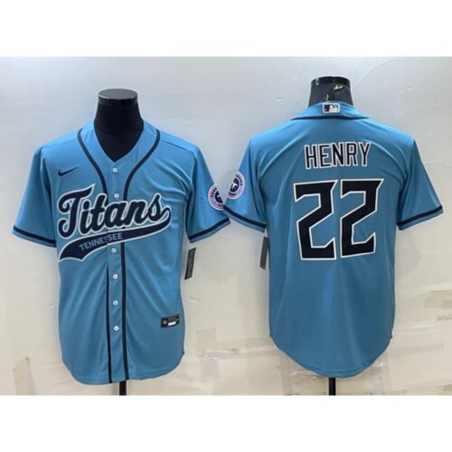 68619c0a6e5dc_1 Men's Tennessee Titans #22 Derrick Henry Blue With Patch Cool Base Stitched Baseball Jersey