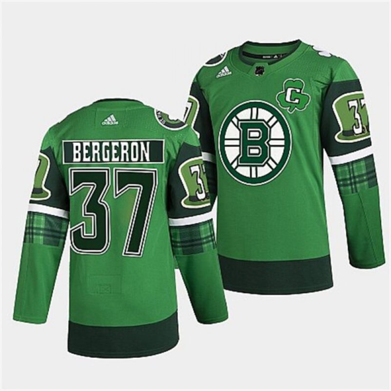 68619c6ce8ad1_1 Men's Boston Bruins #37 Patrice Bergeron 2022 Green St Patricks Day Warm-Up Stitched Jersey
