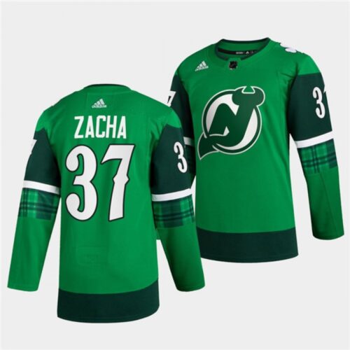 68619c9cb6dc0_1 Men's New Jersey Devils #37 Pavel Zacha Green Warm-Up St Patricks Day Stitched Jersey