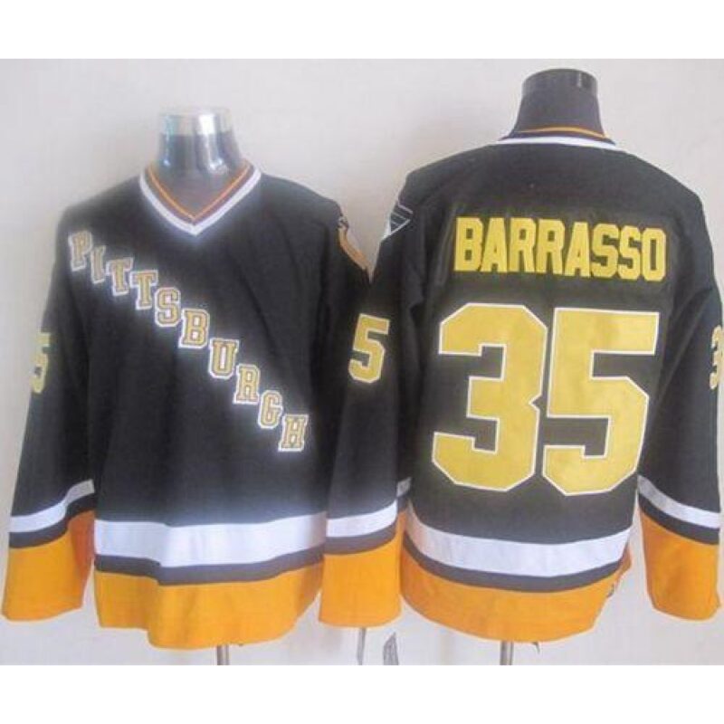 68619cac1ef8e_1 Penguins #35 Tom Barrasso Black/Yellow CCM Throwback Stitched NHL Jersey