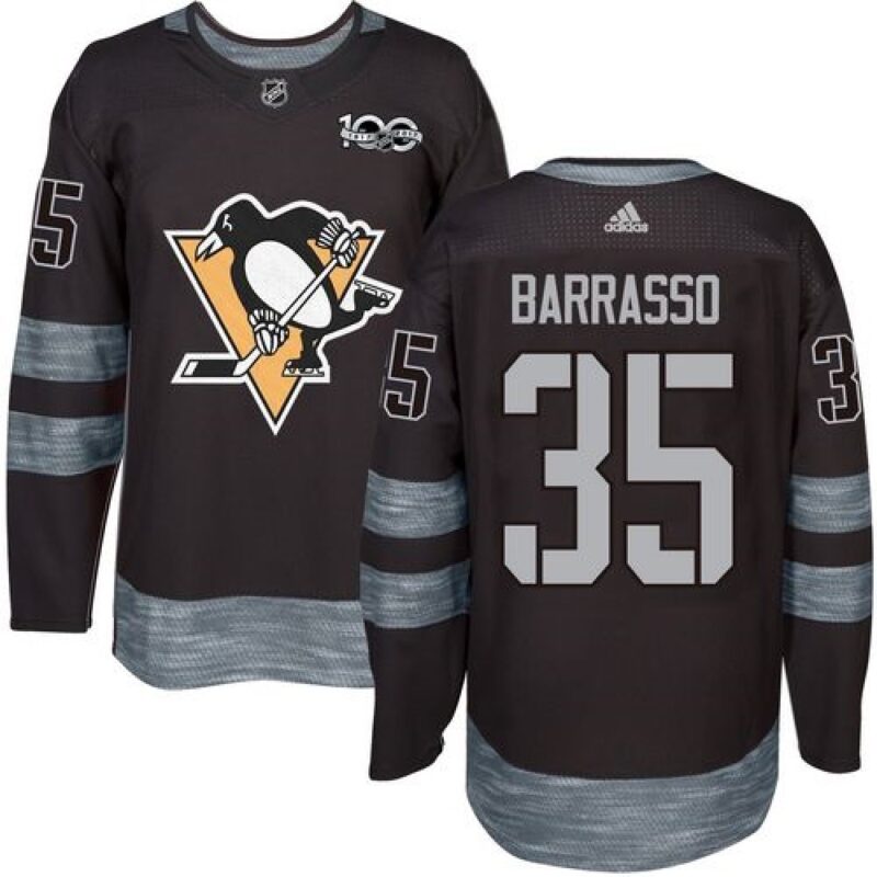68619cc1d3f0b_1 Penguins #35 Tom Barrasso Black 1917-2017 100th Anniversary Stitched NHL Jersey