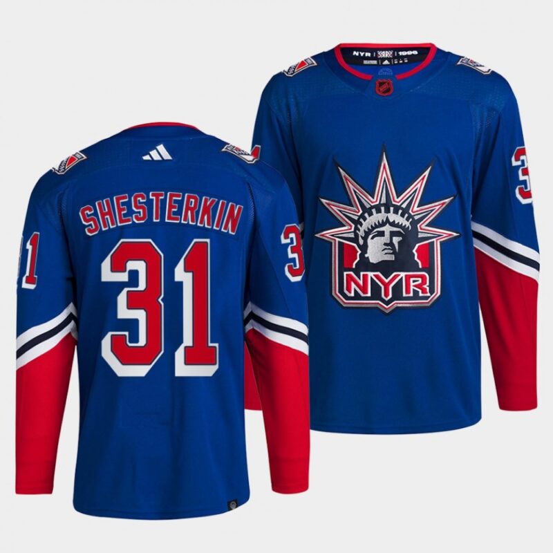 6861a10593447_1 Men's New York Rangers #31 Igor Shesterkin Blue 2022-23 Reverse Retro Stitched Jersey