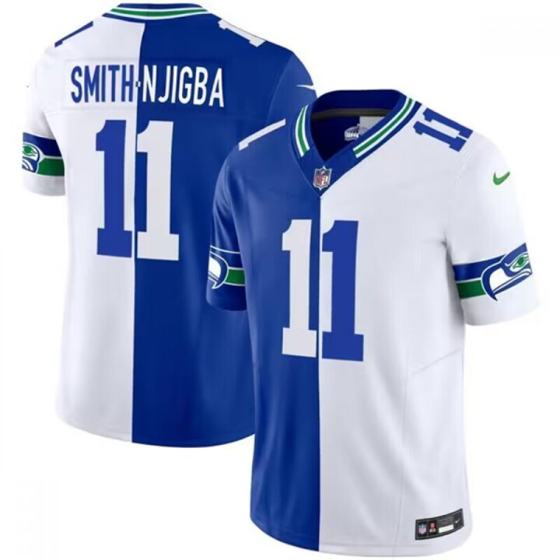 6861a2bc753e9_1 Men's Seattle Seahawks #11 Jaxon Smith-Njigba Royal/White Split 2023 F.U.S.E. Throwback Vapor Limited Stitched Football Jersey
