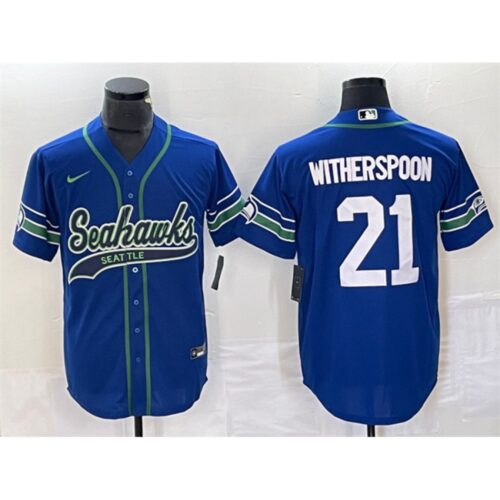 6861a2e09329d_1 Men's Seattle Seahawks #21 Devon Witherspoon Royal Throwback Cool Base Stitched Baseball Jersey
