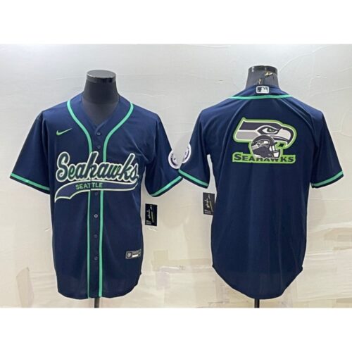6861a3713e944_1 Men's Seattle Seahawks Navy Team Big Logo With Patch Cool Base Stitched Baseball Jersey