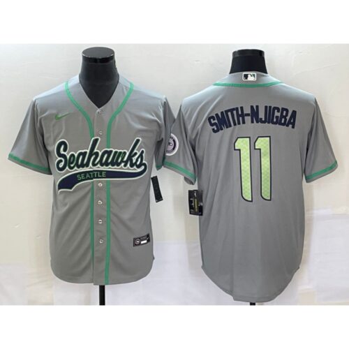 6861a42d55446_1 Men's Seattle Seahawks #11 Jaxon Smith-Njigba Grey With Patch Cool Base Stitched Baseball Jersey