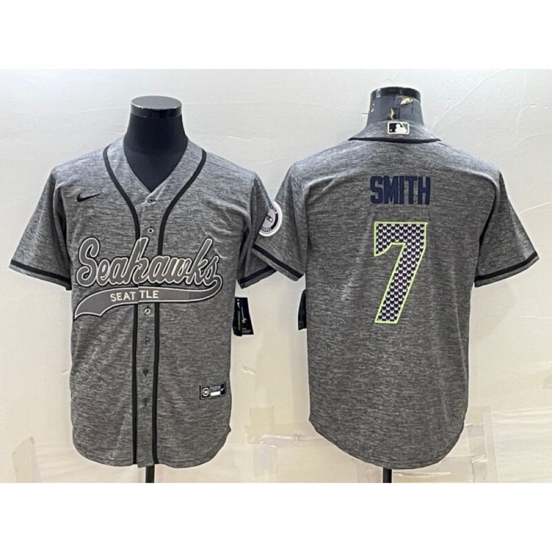 6861a43c62c5a_1 Men's Seattle Seahawks #7 Geno Smith Grey With Patch Cool Base Stitched Baseball Jersey