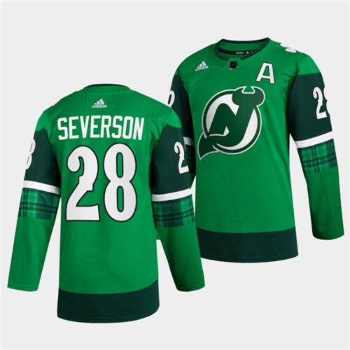 6861a452def28_1 Men's New Jersey Devils #28 Damon Severson Green Warm-Up St Patricks Day Stitched Jersey