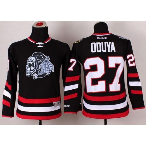 6861a565256a4_1 Blackhawks #27 Johnny Oduya Black(White Skull) 2014 Stadium Series Stitched Youth NHL Jersey