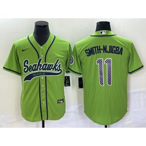 6861a61acaf79_1 Men's Seattle Seahawks #11 Jaxon Smith-Njigba Green With Patch Cool Base Stitched Baseball Jersey
