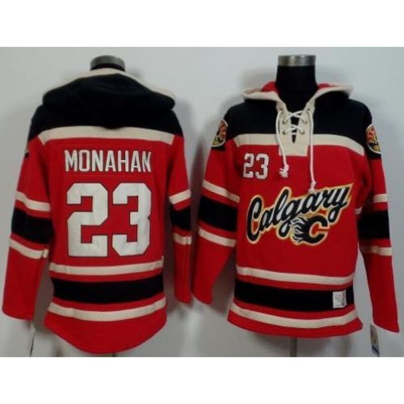 6861a7a468af4_1 Flames #23 Sean Monahan Red/Black Sawyer Hooded Sweatshirt Stitched NHL Jersey