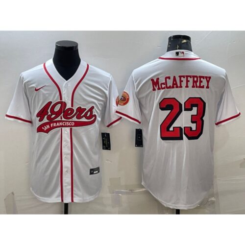 6861a81aa1f35_1 Men's San Francisco 49ers #23 Christian McCaffrey New White With Patch Cool Base Stitched Baseball Jersey