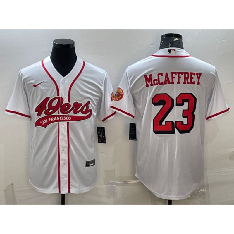 6861a81aa1f35_1 Men's San Francisco 49ers #23 Christian McCaffrey New White With Patch Cool Base Stitched Baseball Jersey