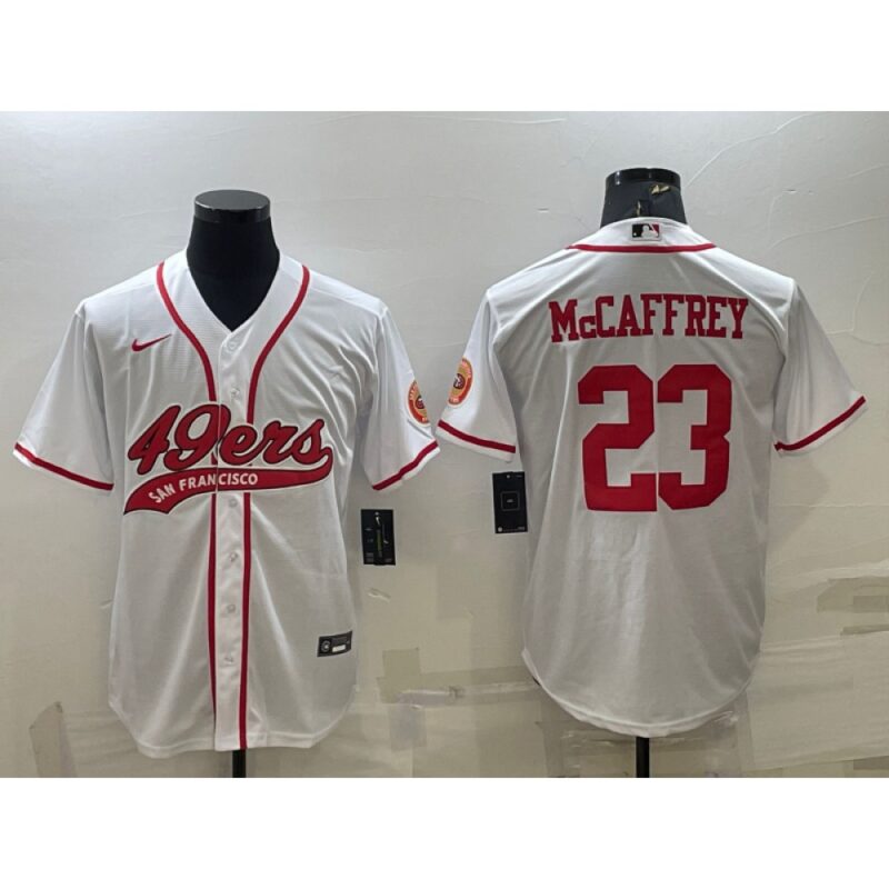 6861a81daacff_1 Men's San Francisco 49ers #23 Christian McCaffrey White With Patch Cool Base Stitched Baseball Jersey