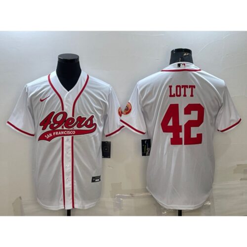 6861a8209da28_1 Men's San Francisco 49ers #42 Ronnie Lott White With Patch Cool Base Stitched Baseball Jersey