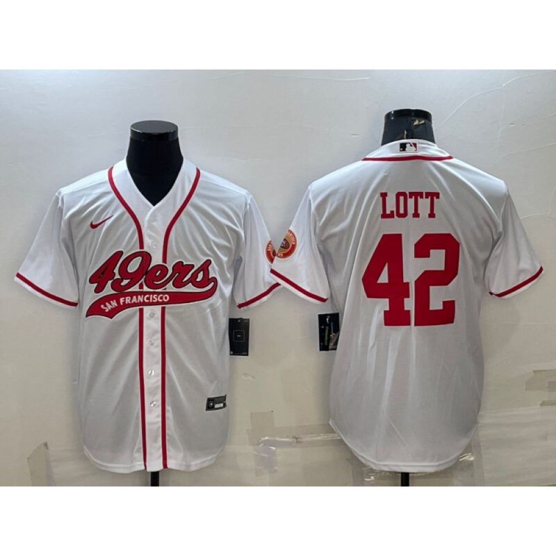 6861a8209da28_1 Men's San Francisco 49ers #42 Ronnie Lott White With Patch Cool Base Stitched Baseball Jersey