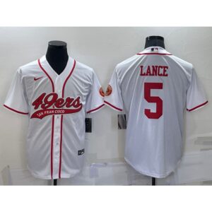 6861a823a330d_1 Men's San Francisco 49ers #5 Trey Lance White Cool Base Stitched Baseball Jersey