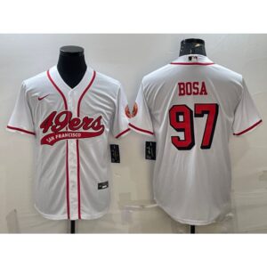 6861a836a9b49_1 Men's San Francisco 49ers #97 Nick Bosa New White With Patch Cool Base Stitched Baseball Jersey