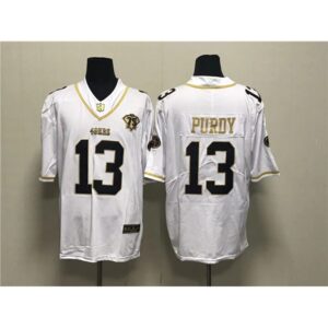 6861a84f0662b_1 Men's San Francisco 49ers #13 Brock Purdy White Gold With 75th Anniversary Patch Stitched Jersey