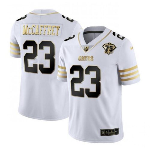 6861a85ad68bb_1 Men's San Francisco 49ers #23 Christian McCaffrey White Gold With 75th Patch Stitched Jersey