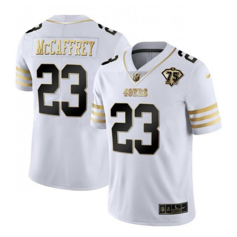 6861a85ad68bb_1 Men's San Francisco 49ers #23 Christian McCaffrey White Gold With 75th Patch Stitched Jersey