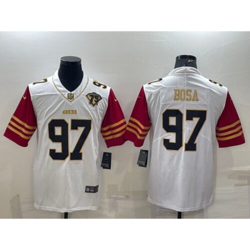 6861a879a44b1_1 Men's San Francisco 49ers #97 Nick Bosa White Gold With 75th Anniversary Patch Stitched Jersey