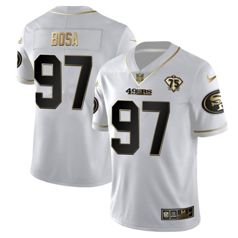 6861a87ca4a95_1 Men's San Francisco 49ers #97 Nick Bosa White Gold 75th Anniversary Stitched Jersey