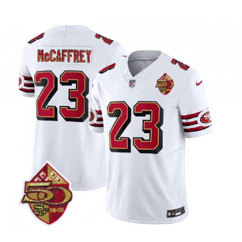 6861a8a9d8682_1 Men's San Francisco 49ers #23 Christian McCaffrey White 2023 F.U.S.E. 50th Patch Vapor Untouchable Limited Stitched Football Jersey