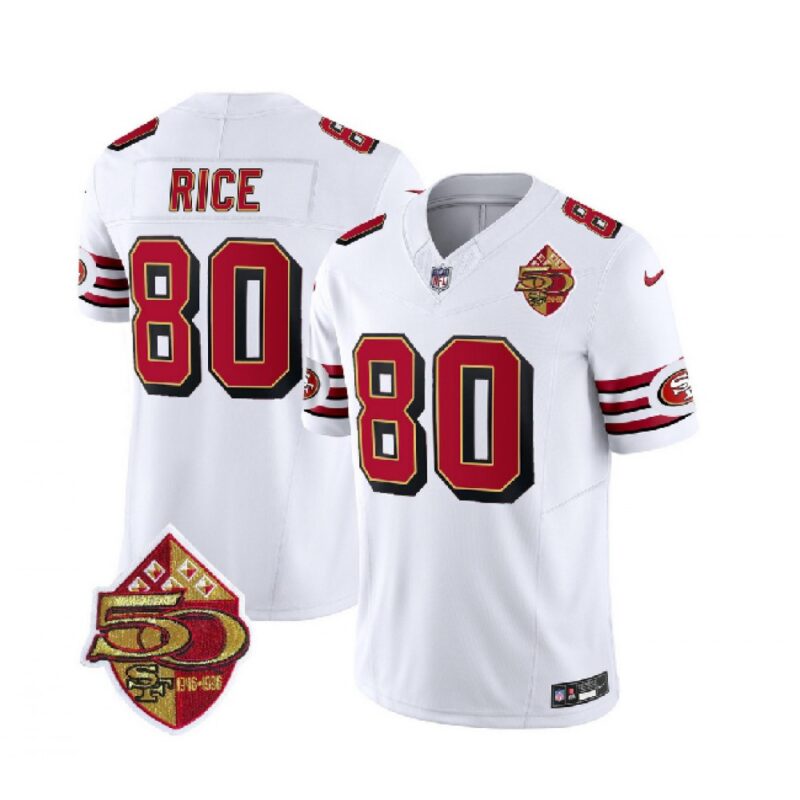 6861a8c85cc36_1 Men's San Francisco 49ers #80 Jerry Rice White 2023 F.U.S.E. 50th Patch Throwback Stitched Football Jersey