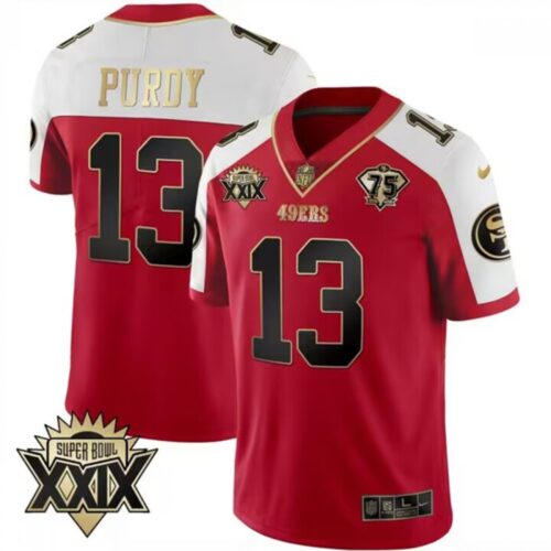 6861a8f3b31ef_1 Men's San Francisco 49ers #13 Brock Purdy Red Gold Super Bowl XXIX Patch Limited Stitched Football Jersey