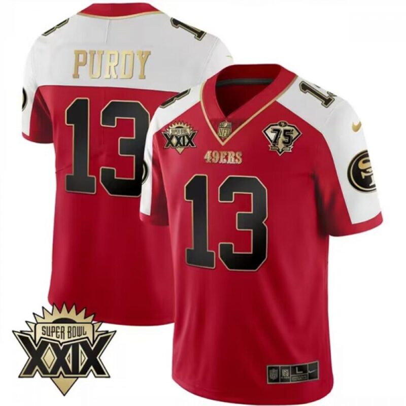 6861a8f3b31ef_1 Men's San Francisco 49ers #13 Brock Purdy Red Gold Super Bowl XXIX Patch Limited Stitched Football Jersey