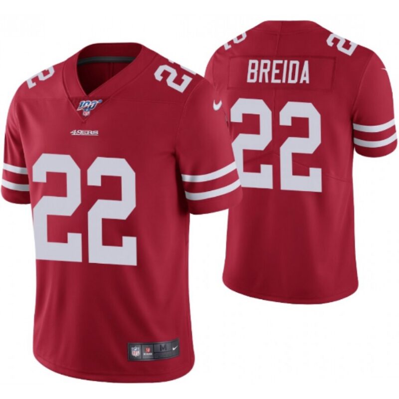 6861a92cac695_1 Men's San Francisco 49ers #22 Matt Breida Red 2019 100th season Vapor Untouchable Limited Stitched NFL Jersey
