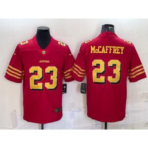 6861a932b88d2_1 Men's San Francisco 49ers #23 Christian McCaffrey Red Gold Vapor Untouchable Limited Stitched Jersey