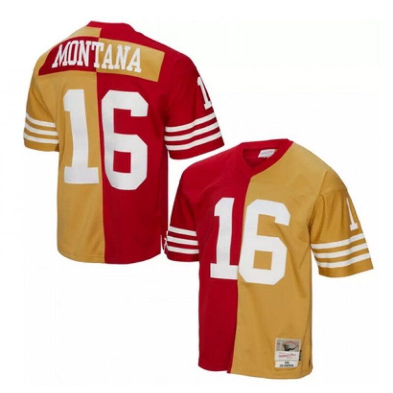 6861aa753f482_1 Men's San Francisco 49ers #16 Joe Montana Red Gold Split 1990 Throwback Stitched Jersey