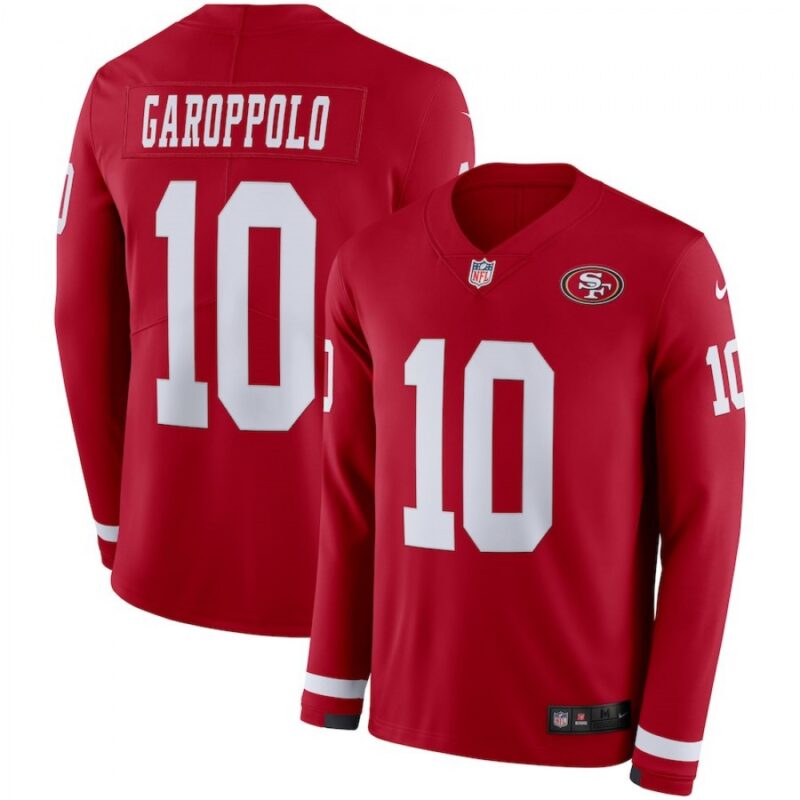 6861aa954bad3_1 Men's San Francisco 49ers #10 Jimmy Garoppolo Scarlet Therma Long Sleeve Stitched NFL Jersey
