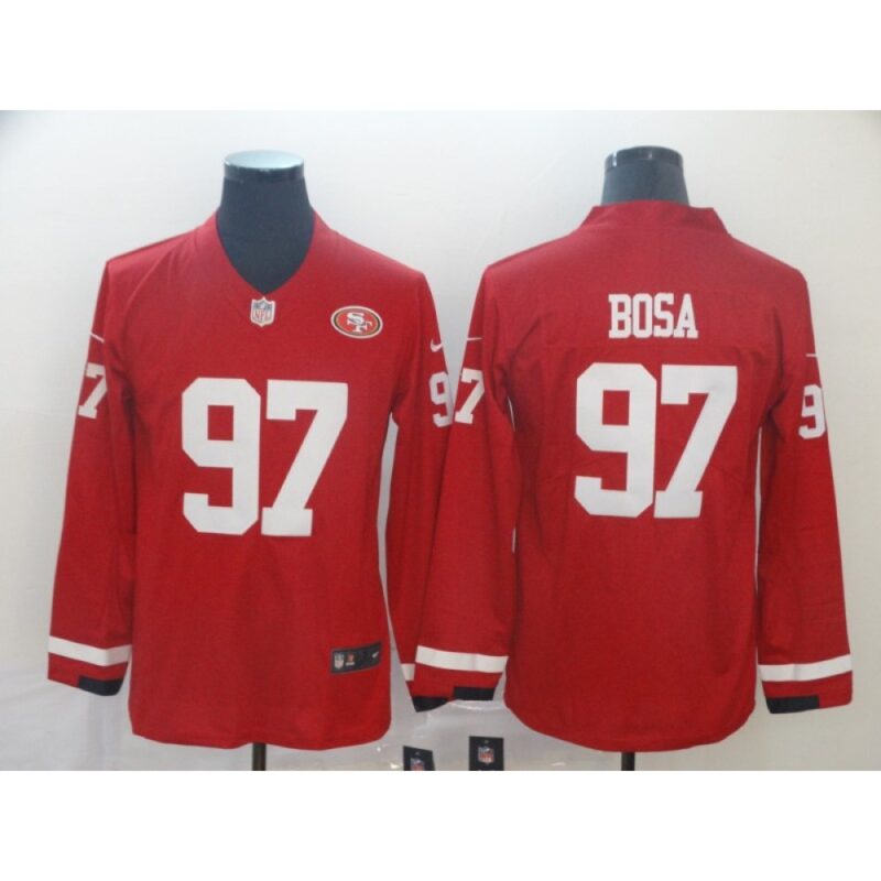 6861aaa521217_1 Men's San Francisco 49ers #97 Nick Bosa Scarlet Therma Long Sleeve Stitched NFL Jersey