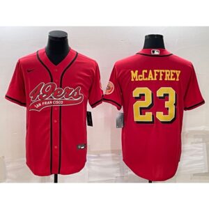 6861aade34885_1 Men's San Francisco 49ers #23 Christian McCaffrey Red Gold With Patch Cool Base Stitched Baseball Jersey