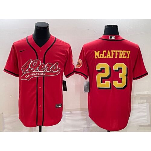 6861aade34885_1 Men's San Francisco 49ers #23 Christian McCaffrey Red Gold With Patch Cool Base Stitched Baseball Jersey