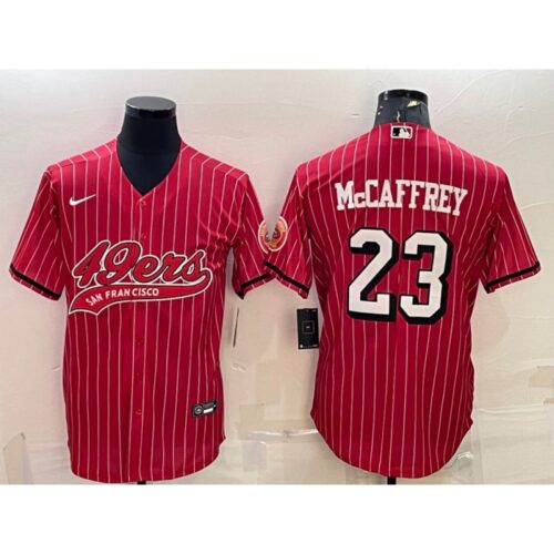 6861aae164ee8_1 Men's San Francisco 49ers #23 Christian McCaffrey Red With Patch Cool Base Stitched Baseball Jersey